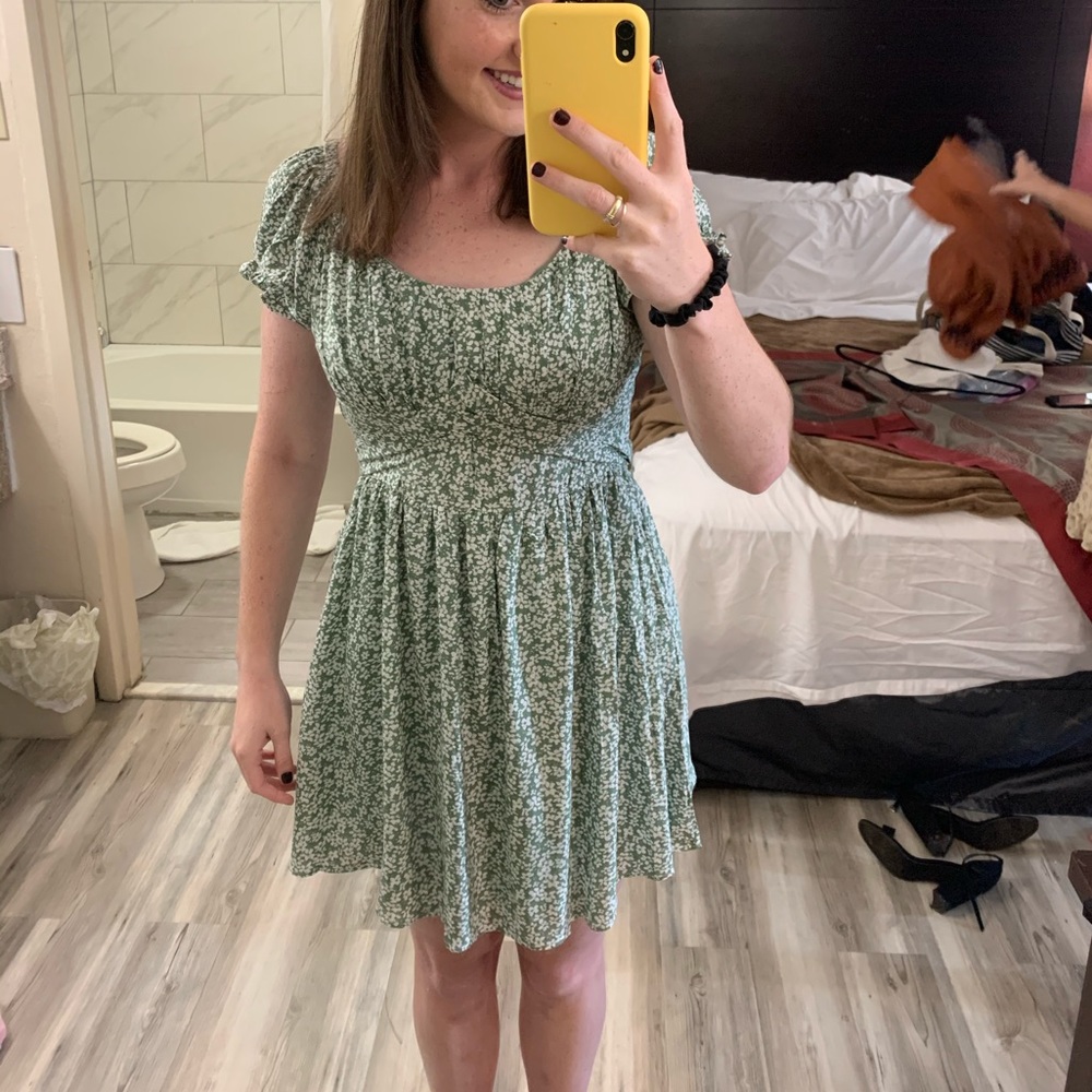 Green and white floral dress